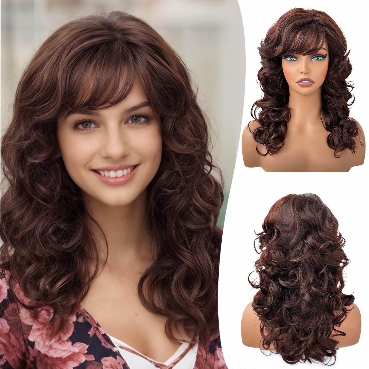 

1pc Women' Brown Curly Wave Synthetic Wig With Bangs, High-temperature Fiber, Breathable Cap, 150% Density, For , Christmas &