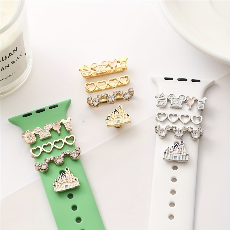 

Cute Zinc Alloy Decorative Rings For Apple Watch Bands, Yishequ Fashion Charms With Ice Cream & Castle Designs, Heart & Gem Accents, Deployant Clasp Closure - Accessory Set For