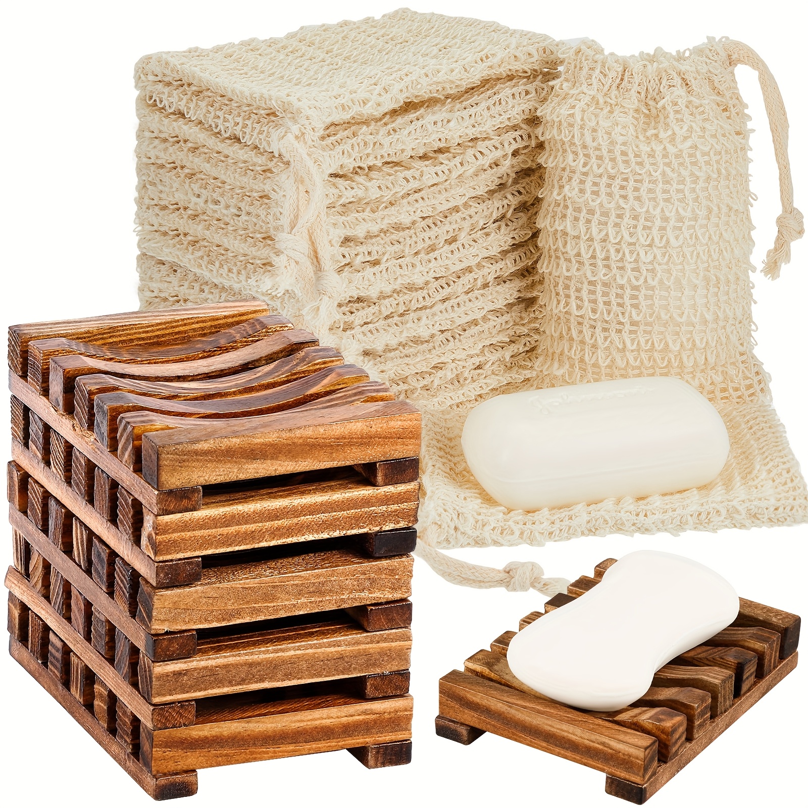 TEMU Roowest 40pcs Soap Bag And Soap Holder Kit Mesh Sisal Soap Saver Bag Exfoliating Soap Pouch Bamboo Wood Soap Holder Tray Bathroom Soap Bar Holder For Shower Bath Use