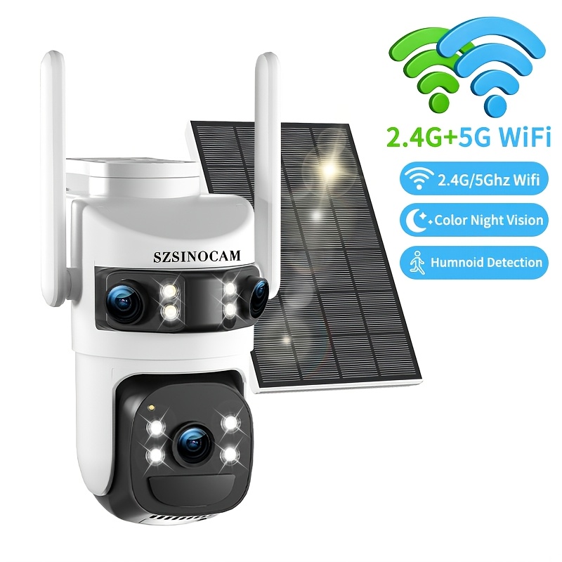 Image of 1080p Wireless Outdoor Solar Powered Security Camera 2.4g/5g Wifi, 360° Panoramic View Ptz Camera, 3-lens, Pir Human Detection, Alarm Push, Color Night Vision, Audio, Solar Panel Or Usb Charging
