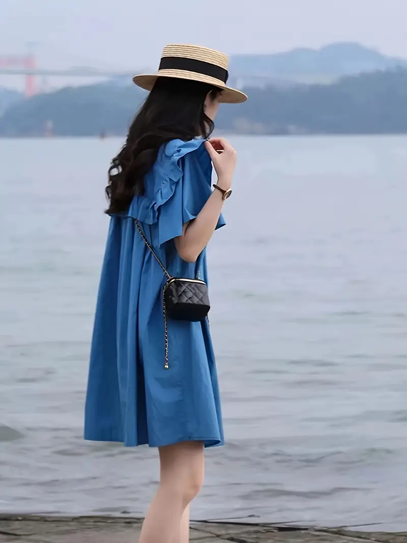 a blue dress petite women in a french style women's - Temu a blue dress petite women in a french style women's - Temu