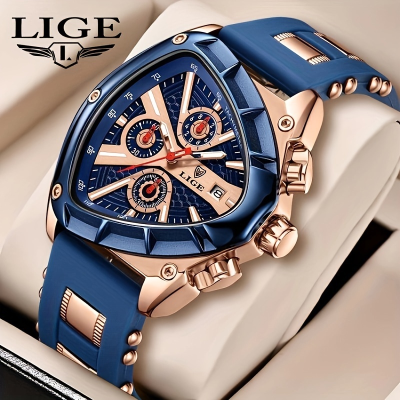 Reloj LIGE MEN Triángulo Punteros Luminosos Correa de Goma de Moda Reloj de Pulsera de Cuarzo Irregular Militar de Lujo 30M. Elección ideal para regalo.