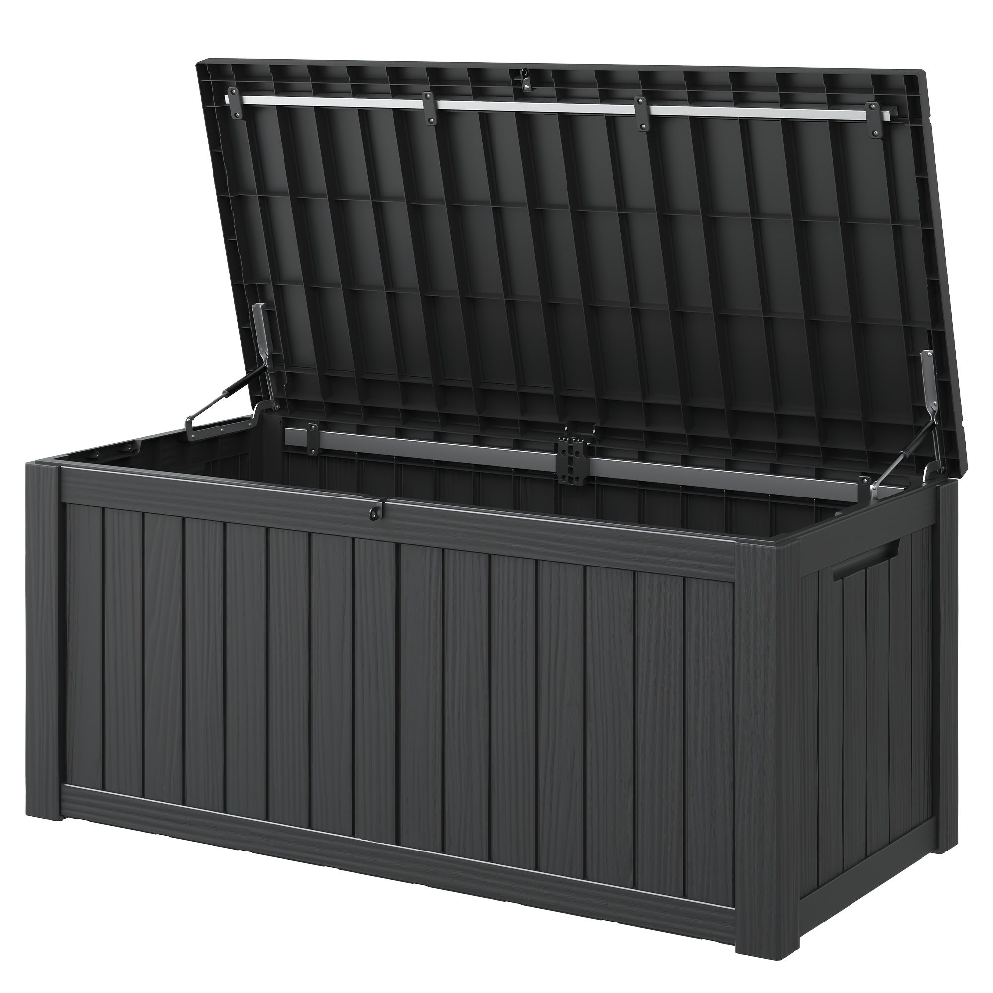 TEMU 120-gallon Deck Storage Container Featuring A Hydraulic Rod, Made From Waterproof Resin, This Toolbox Is Lockable And Offers Storage Space. It