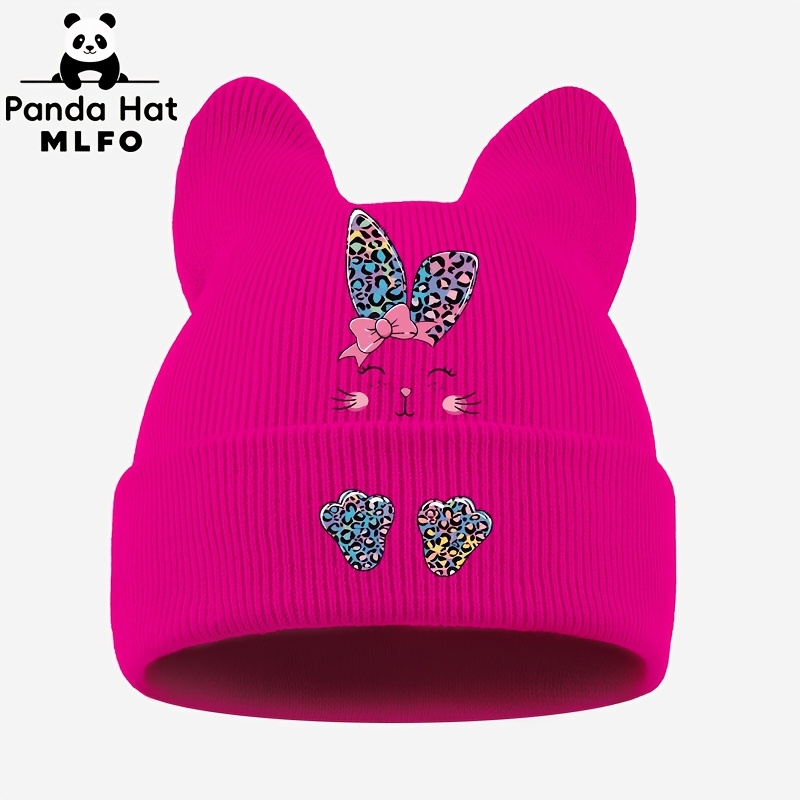 TEMU 1pc, Colorful Leopard Bunny Face Printed Cat Ear Brimless Knit Beanie, Cute Ribbed Hat, Soft And Warm For Daily Wear, City , Parties, Travel And