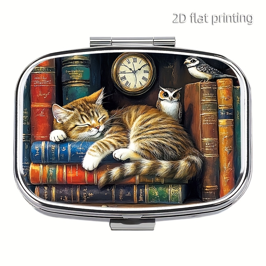 Image of 1pc Cat-shaped Bookshelf Pill Box With 2 Compartments Suitable For , Mini Medication Case For Travel, Daily Medication,, Holidays, For Or On-the- Use