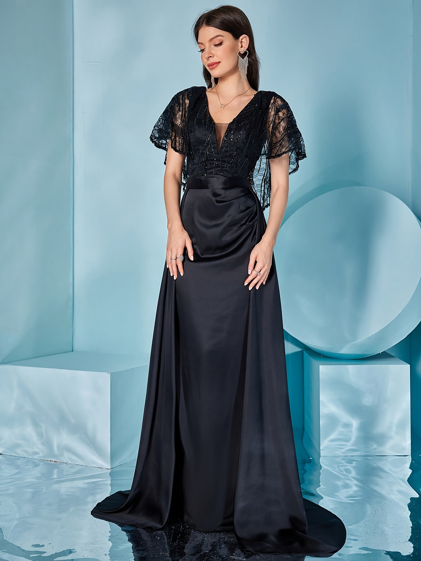 elegante abito sera in raso scollo a v maniche lunghe e Temu