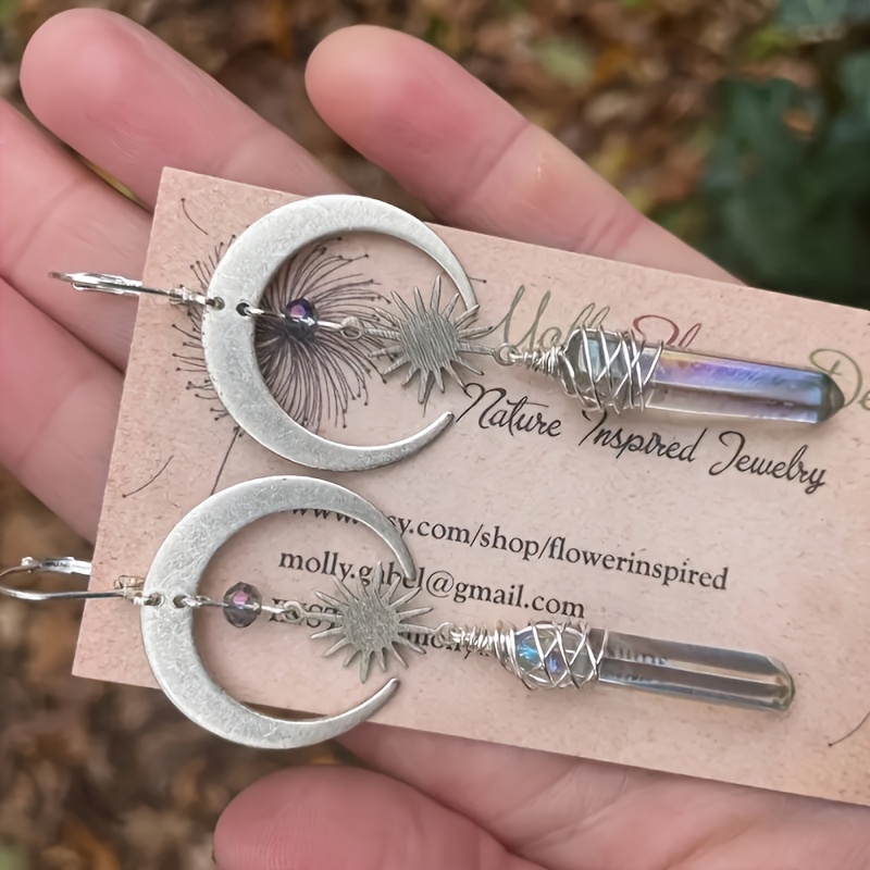 TEMU 1 Pair Of Vintage Bohemian Natural Stone Silvery Dangle Earrings, Moon Sun , Women' Party Gift