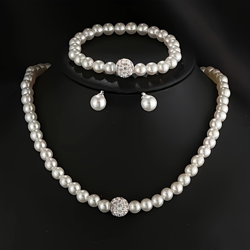 

Elegant 3-piece Imitation Pearl Jewelry Set - Necklace, Bracelet, And Earrings, Versatile For Daily Wear, No Plating - All Season Accessory