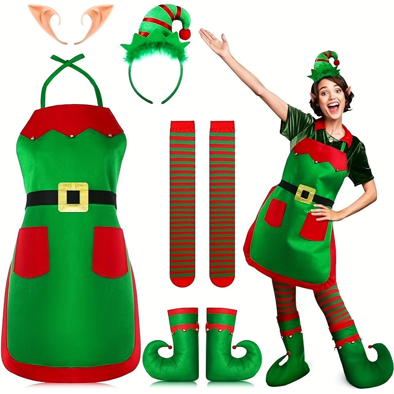 

5pcs Christmas Elf Set For Women - Includes Hat, , , Striped Stockings & - For Parties