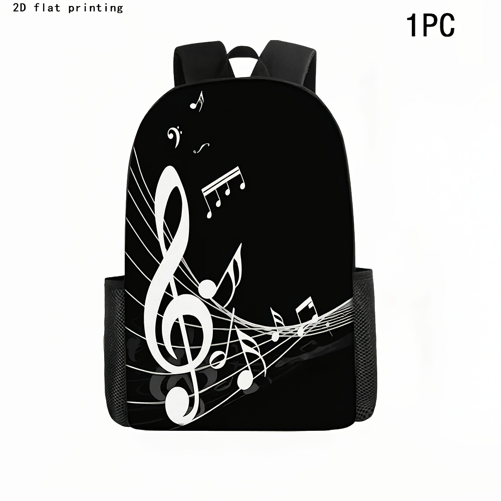 TEMU 1/2/3pcs Trendy Black And White Music Note Backpacks 2d Flat Printing Large Capacity Lightweight Durable Shoulder Bags Unisex Storage Bags
