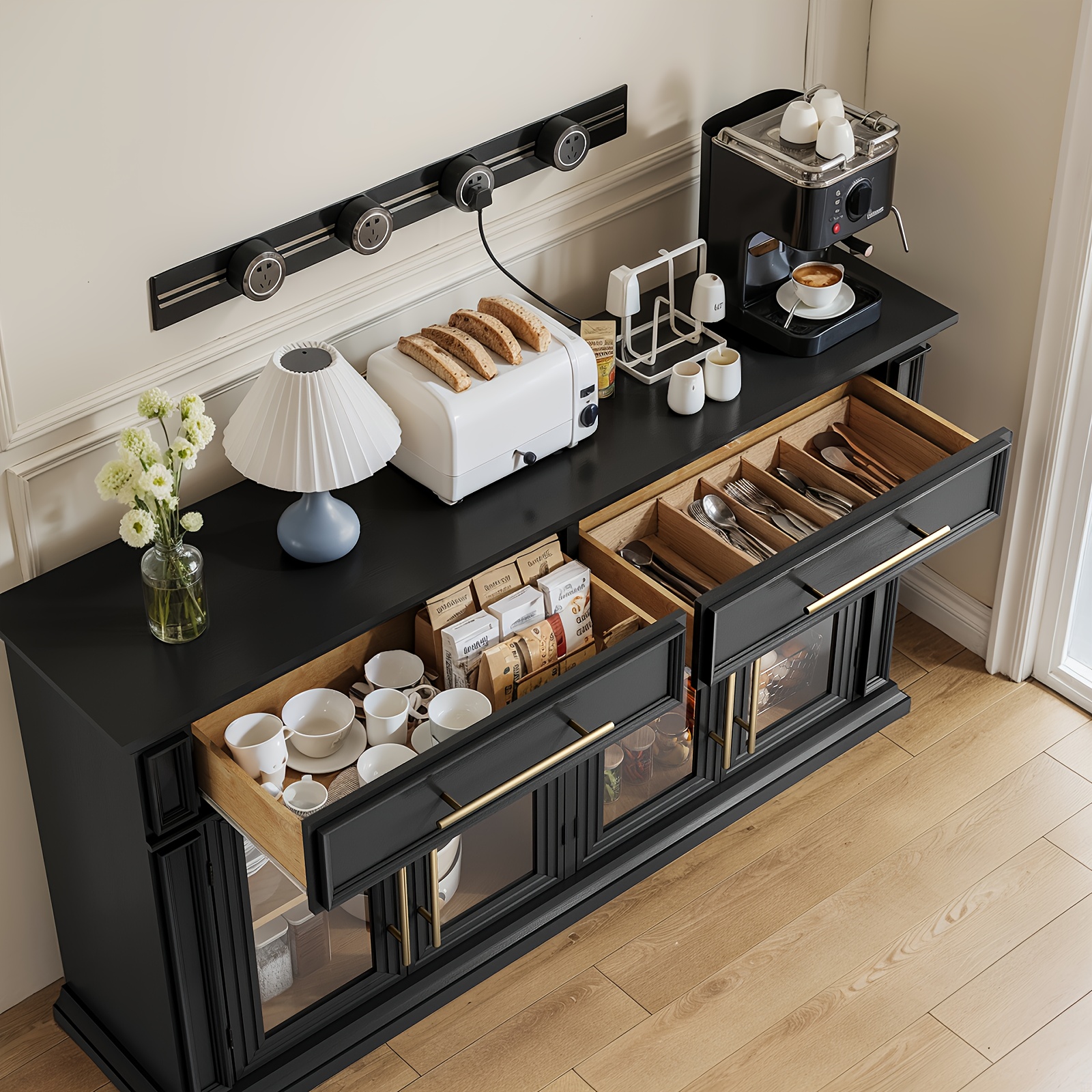 63 Mid-Century Modern Sideboard Cabinet - 2 Smooth-Opening Drawers & 4 Stylish Doors for Spacious Kitchen Storage, Perfect Coffee Bar Accent with Timeless Design