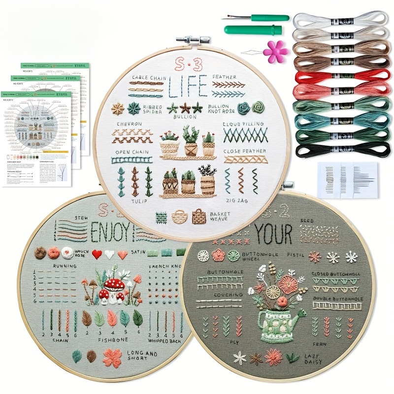 

3 Sets Embroidery Kit For Beginners Adults, Learn 33 Different Stitches Diy Kits, Includes Stamped , Hoop, Color , Tools, Easy To