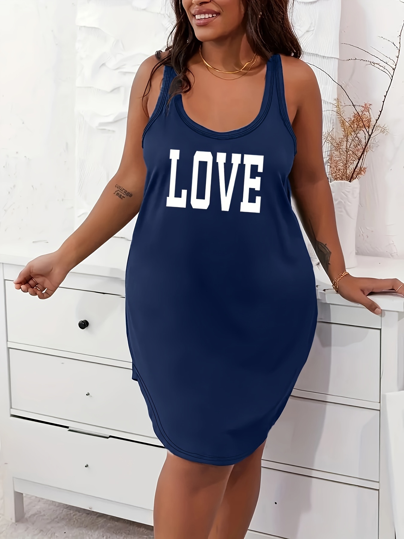 Women's Plus Casual Lounge Dress, Plus Size Letter Graphic Scoop Neck Racer Back Tank Home Wear Dress