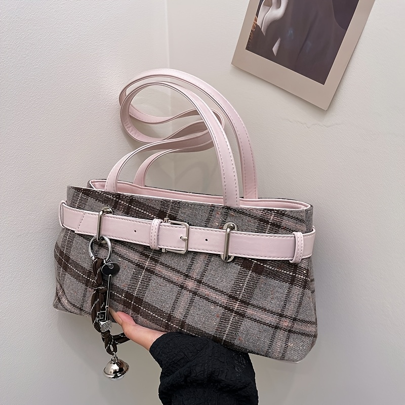 TEMU Women's Fashion Checkered Shoulder Bag, Textured With Colorful Sequins, Armpit Bag With Exquisite Charms, Suitable For Daily , Shopping, Dates,