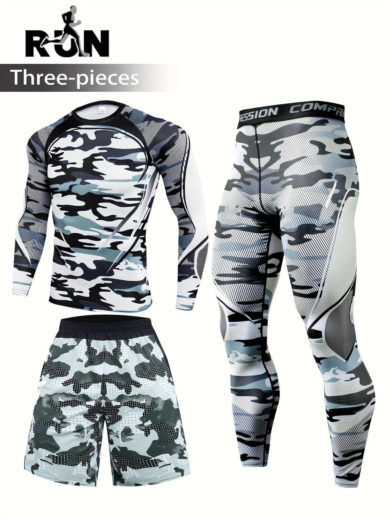 3pcs mens mixed pattern and color camouflage suit round neck long sleeve camouflage trousers pocket shorts suitable for outdoor travel exercise and fitness comfortable and breathable light and thin high   0