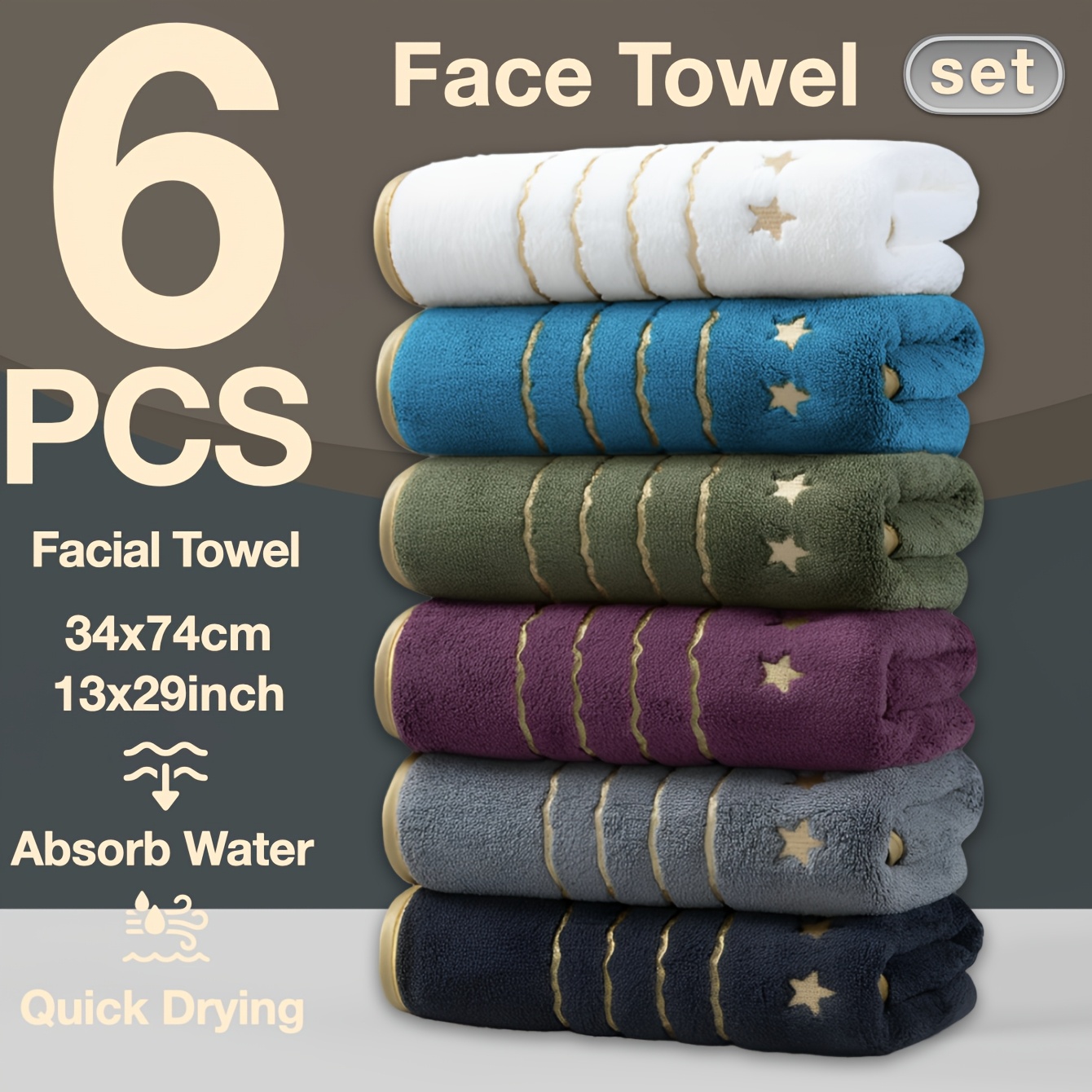 TEMU 6-strip Pack Gold-trimmed Quick-dry Absorbent 74 X 34cm Embroidered Star Suitable For Holiday Outdoor Camping Swimming Travel Spa, Perfect For Halloween Christmas Thanksgiving