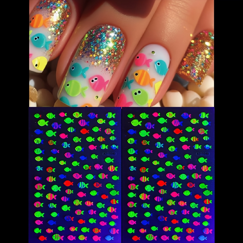Image of 2pcs Glow In The Light Nail Art Stickers, Colorful Nail Art Decals, Luminous Fluorescent Cute Fish For Nail Art Decoration, Self Adhesive Nail Art Supplies For Women And