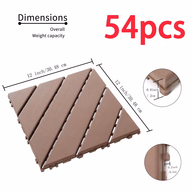54 pack plastic interlocking deck tiles waterproof all weather pp material interlocking flooring tiles with installation for patio balcony poolside porch backyard heavy duty outdoor indoor use brown a 54 pack 12
