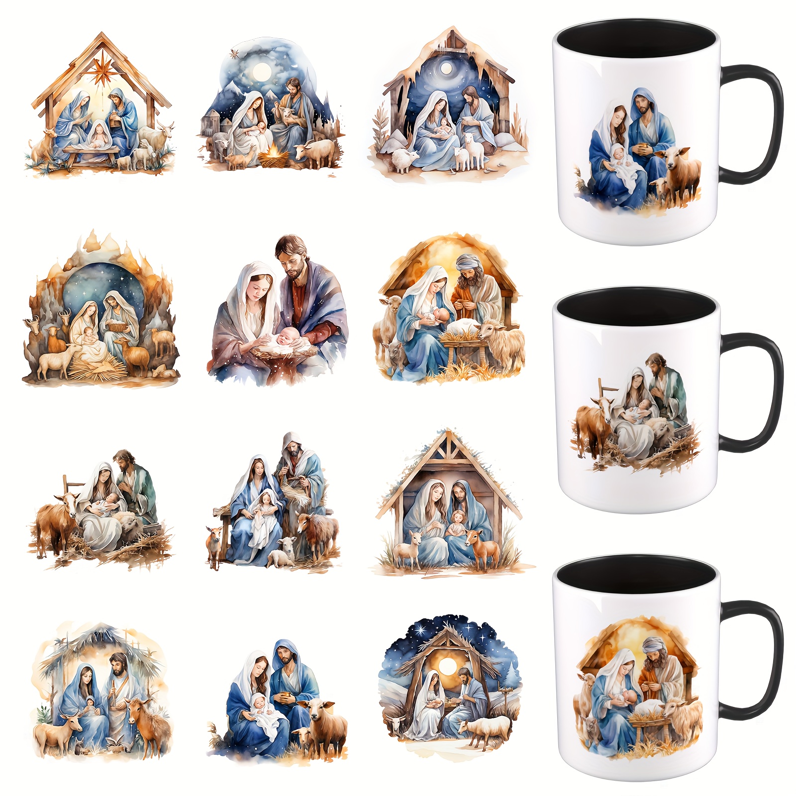 TEMU 12 Pcs/set Uv Dtf Cup Transfer Paper, Christmas Nativity Scene Themed Design Uv Dtf Transfer Paper, Suitable For Smooth Surfaces Crafts Water