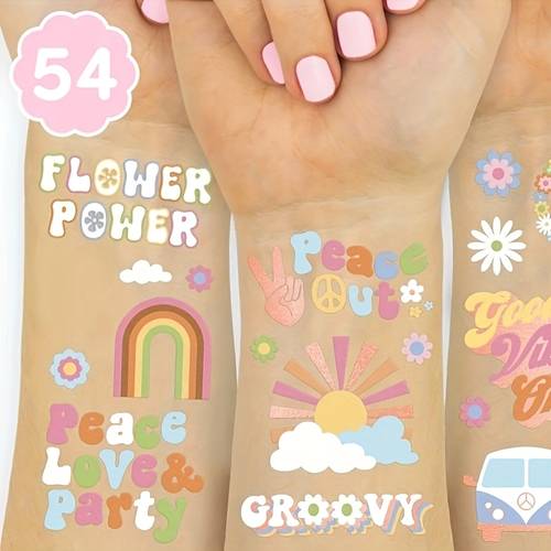 2 sheets 54 patterns trendy 70s party temporary tattoo stickers bright flowers rainbow trendy and party tattoo stickers party supplies suitable for bachelorette party makeup masquerade ball bar ceremony decoration bar dance floor ktv decoration supplies pool arm decoration birthday party gifts