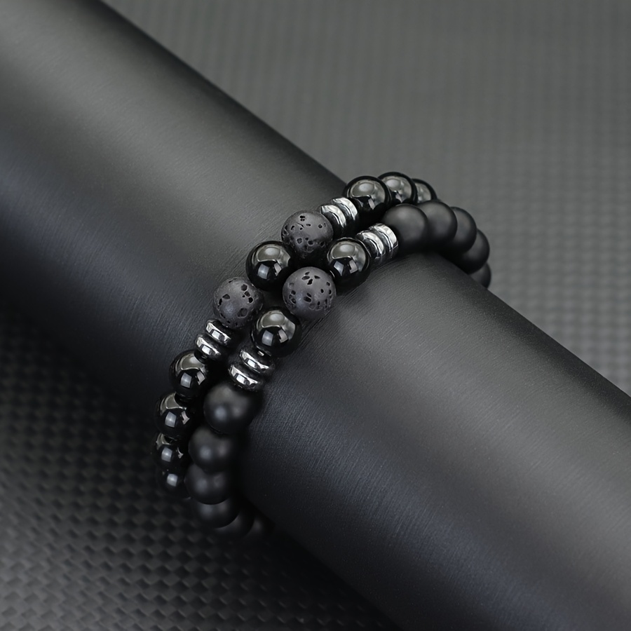 TEMU Classic 2pcs 8mm Stone Beaded Bangle Bangle Bracelet Set Men Handmade Obsidian Matte Beads Elastic Braslet Holiday Leisure Homme Joias
