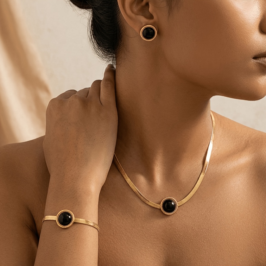 TEMU Parure de bijoux 3 pièces pour femme, collier chaîne style français vintage printemps/été, boucles d'oreilles clous rondes noires, bracelet,