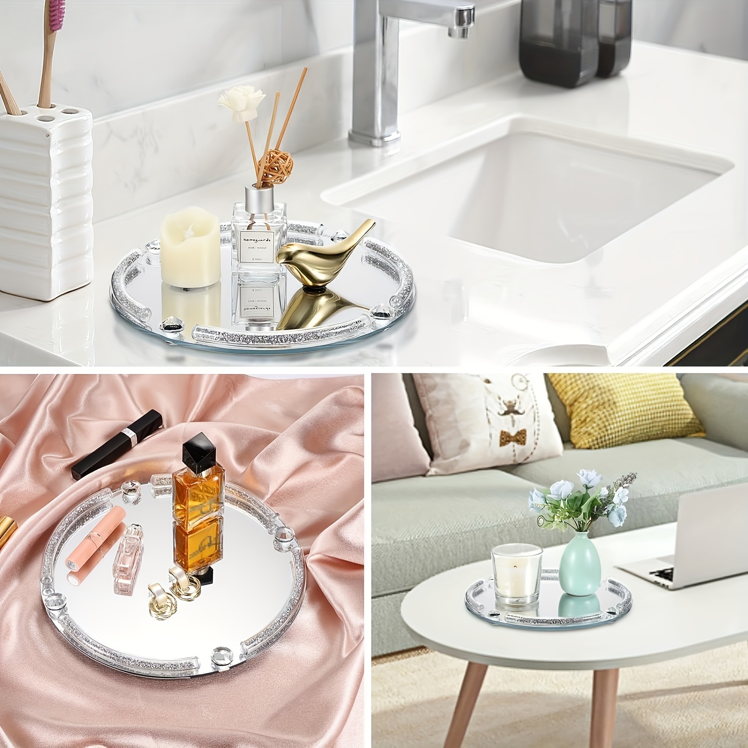 Image of Elegant Silvery Crystal Glass Vanity Tray - Round, Mirror-finish Cosmetic & Jewelry Organizer For Bathroom And Bedroom Decor