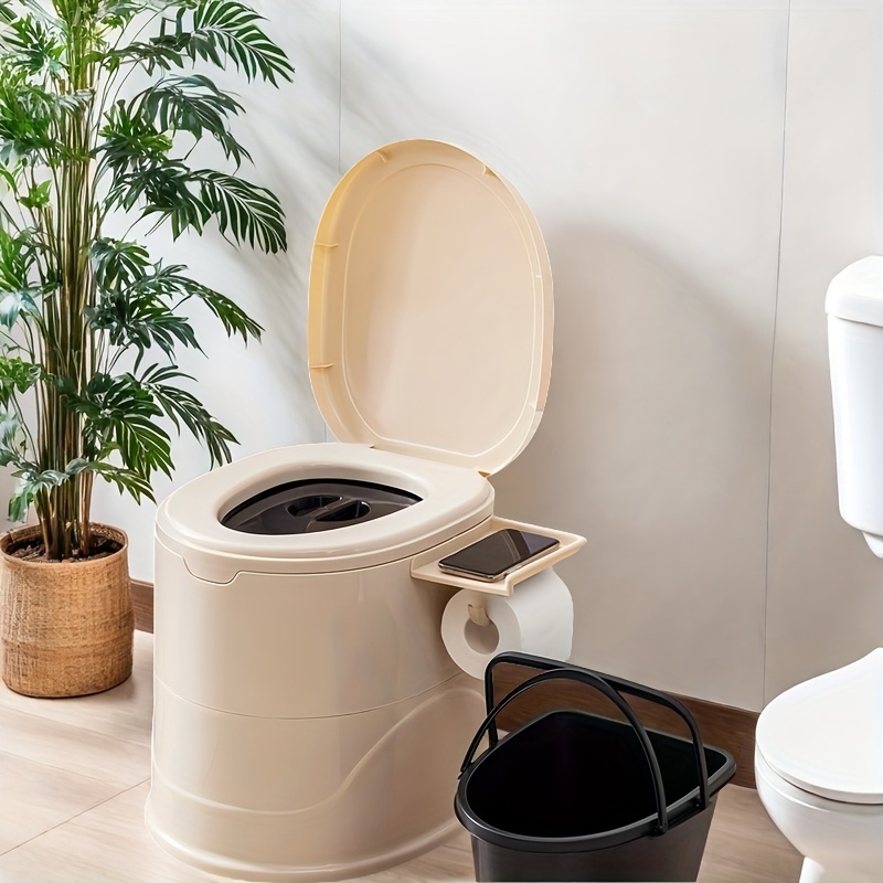 1 stk. Hvid/Khaki Transportabelt Toilet med Låg til Camping, Udendørs, Badeværelse, Soveværelse, Altan, Vandring, RV, Rejser, Barsel, med Papirhåndklædeholder Stærk og Holdbar med Låg Let at Rengøre Lugt-tæt Ingen Elektricitet Krævet