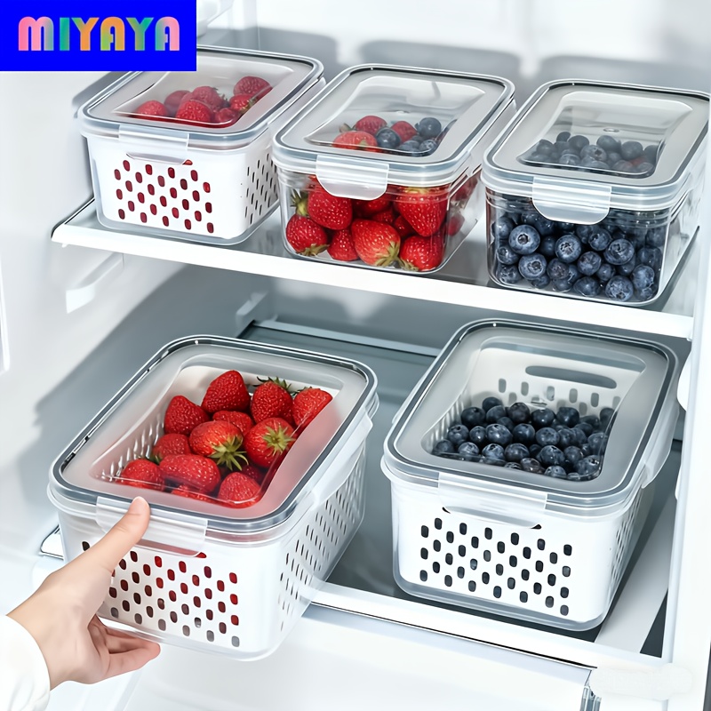 18 9 6pcs food grade drainage baskets household airtight refrigerator fresh keeping storage containers with drain basket and lid for storing   fruits and vegetables 6 3 2 boxs 6 3 2 covers 6 3 2 drain nets