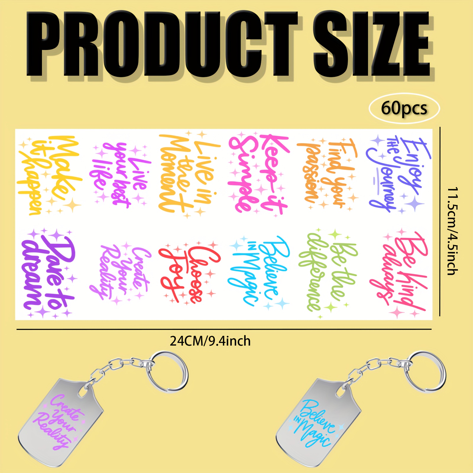 TEMU Ensemble de 60 pièces d'Autocollants Porte-clés UV DTF, Série de Citations Motivationnelles Étiquettes en Vinyle pour Porte-clés, Adaptées aux