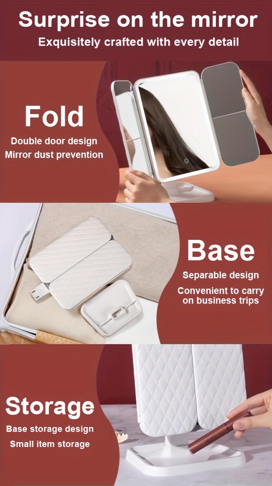 Foldable 3-Sided Desktop Mirror with Surface & Shell Design - Portable Tri-Section Vanity Mirror for,, Dorm Room, Salon, Birthday Gift, Space-Saving Tabletop Makeup Mirror with Polished