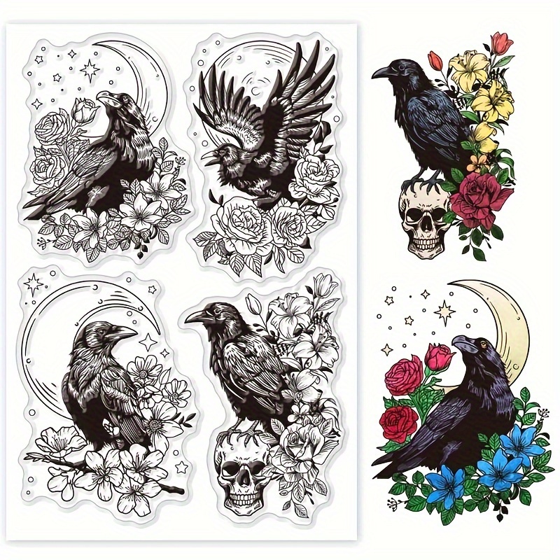 

1pc Crow Clear Stamp Set For Diy Scrapbooking, Album, Journaling And Card Making, Transparent Fantasy Themed Rectangular Silicone Stamps With Floral & Designs