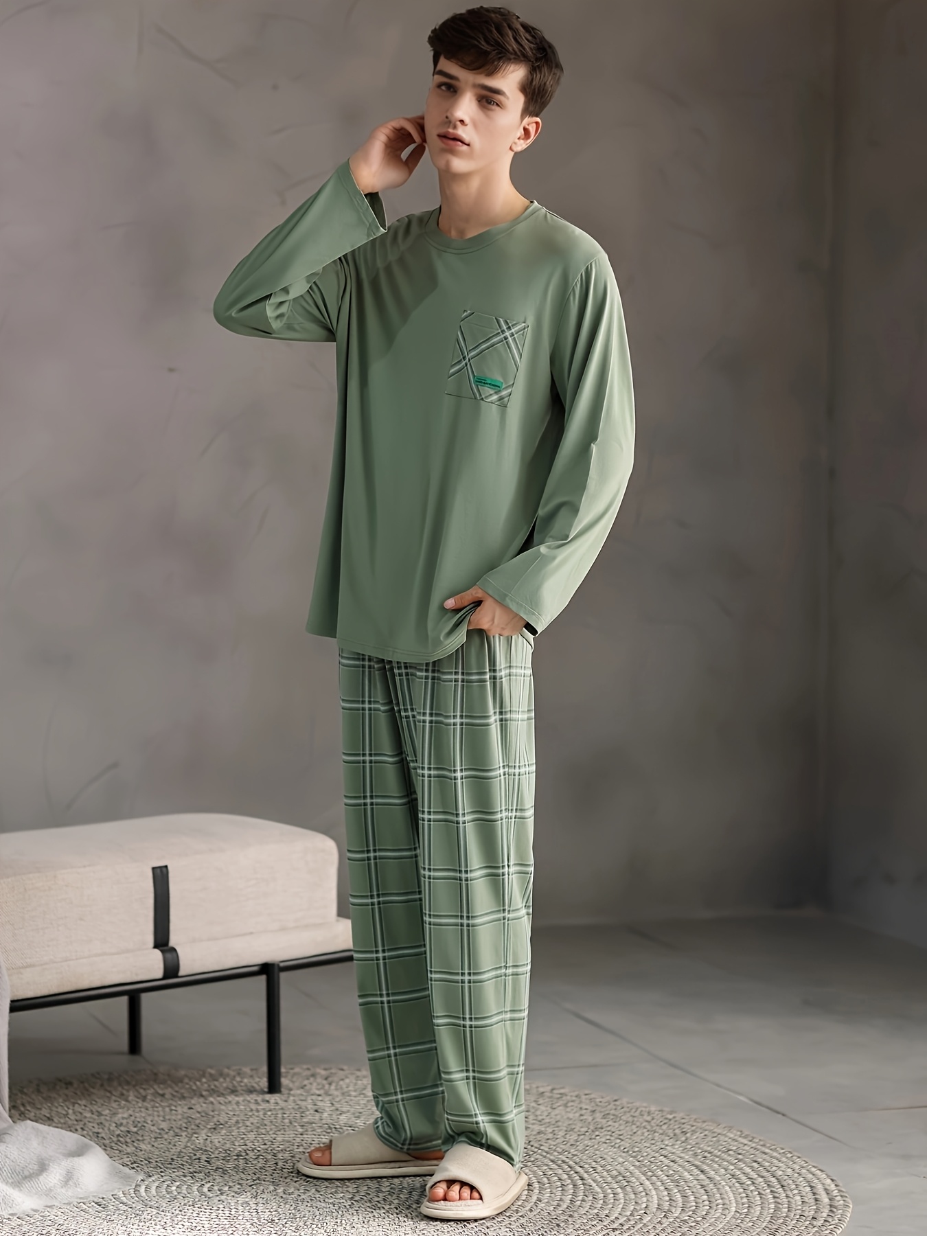 Monodosen Brand + 20% Off Price Comparison New Spring and Autumn Men's Pajamas with Long Sleeves and Trousers, Wearable Outdoors with Pockets, High-end Casual Fashion Home Clothes Set