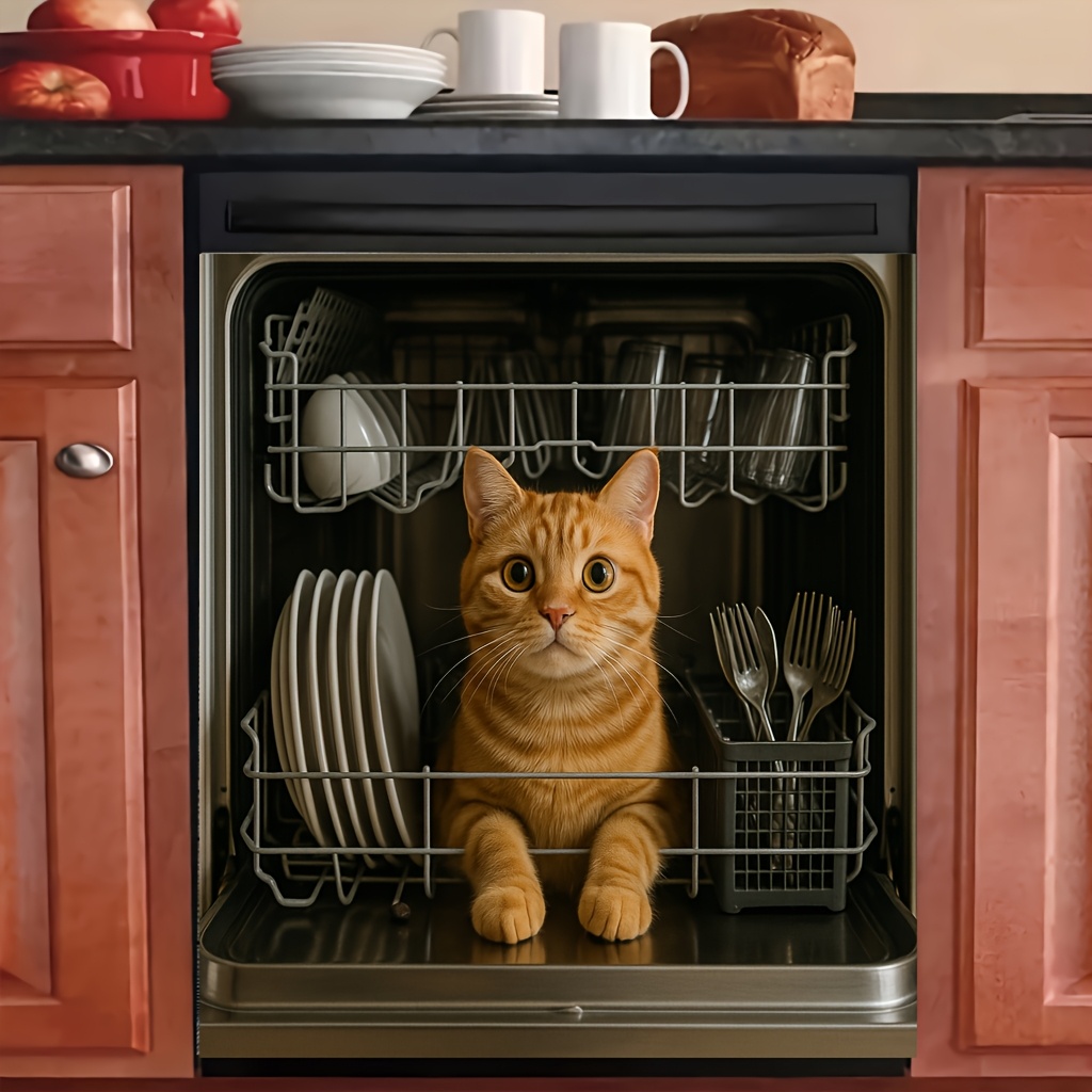 E-shop 2D Flat - 2D Flat - Eine 2D magnetische Geschirrspülerabdeckung mit einer orangefarbenen Katze, die sich im Geschirrspüler befindet, hergestellt