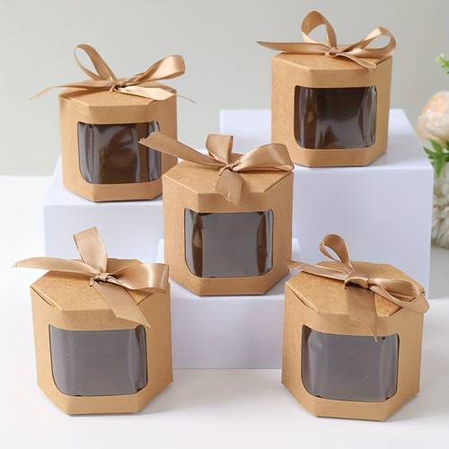 gift for her him 10pcs hexagonal paper boxes small gift box with transparent window for wedding birthday party baby shower decoration small gift packaging