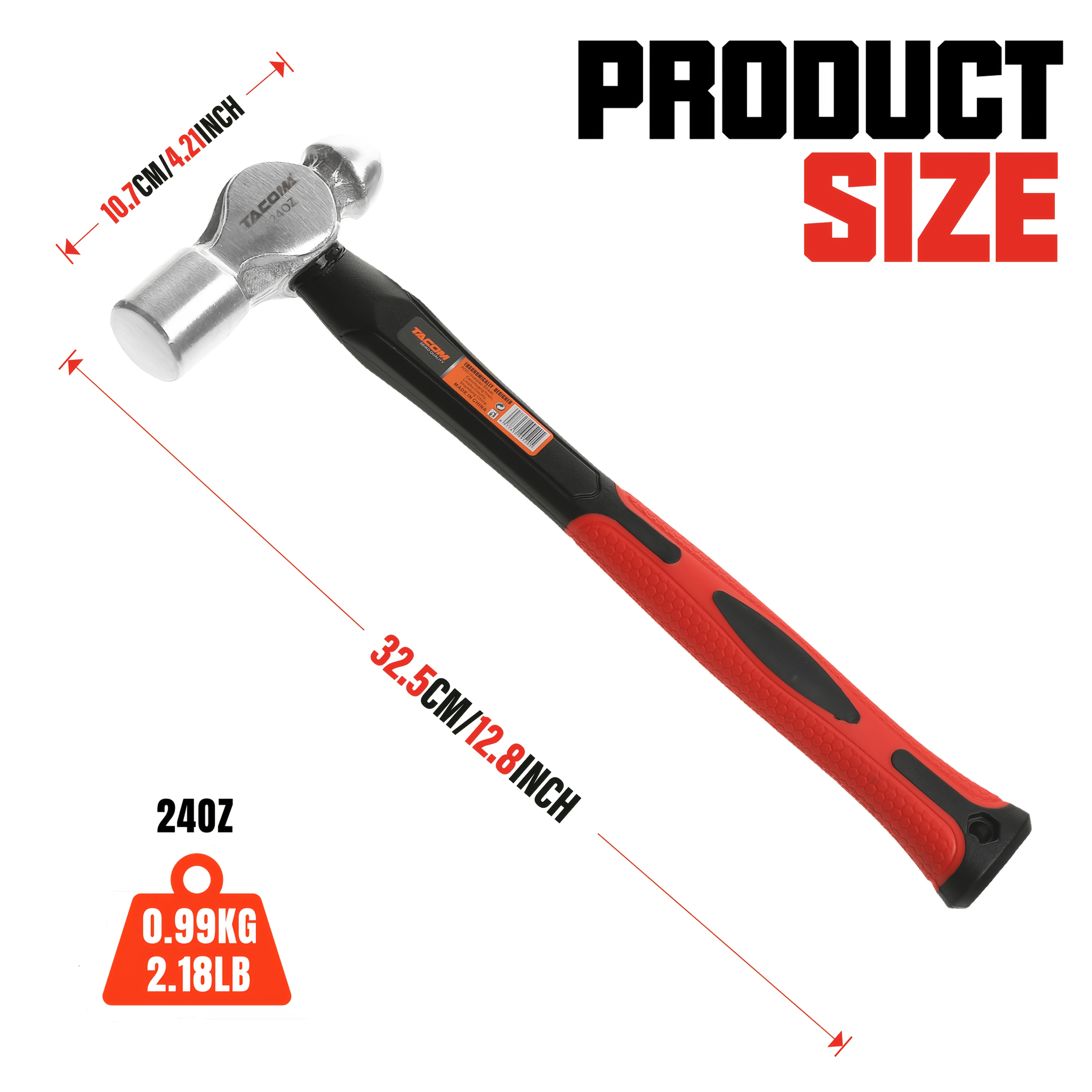 Image of 24oz Ball-peen Hammer, With A High- Head And A Tpr Non-slip Textured Shock-absorbing Handle; Suitable For Renovation, Manufacturing, Industrial Use, Home Repairs, Car Maintenance, Diy And More