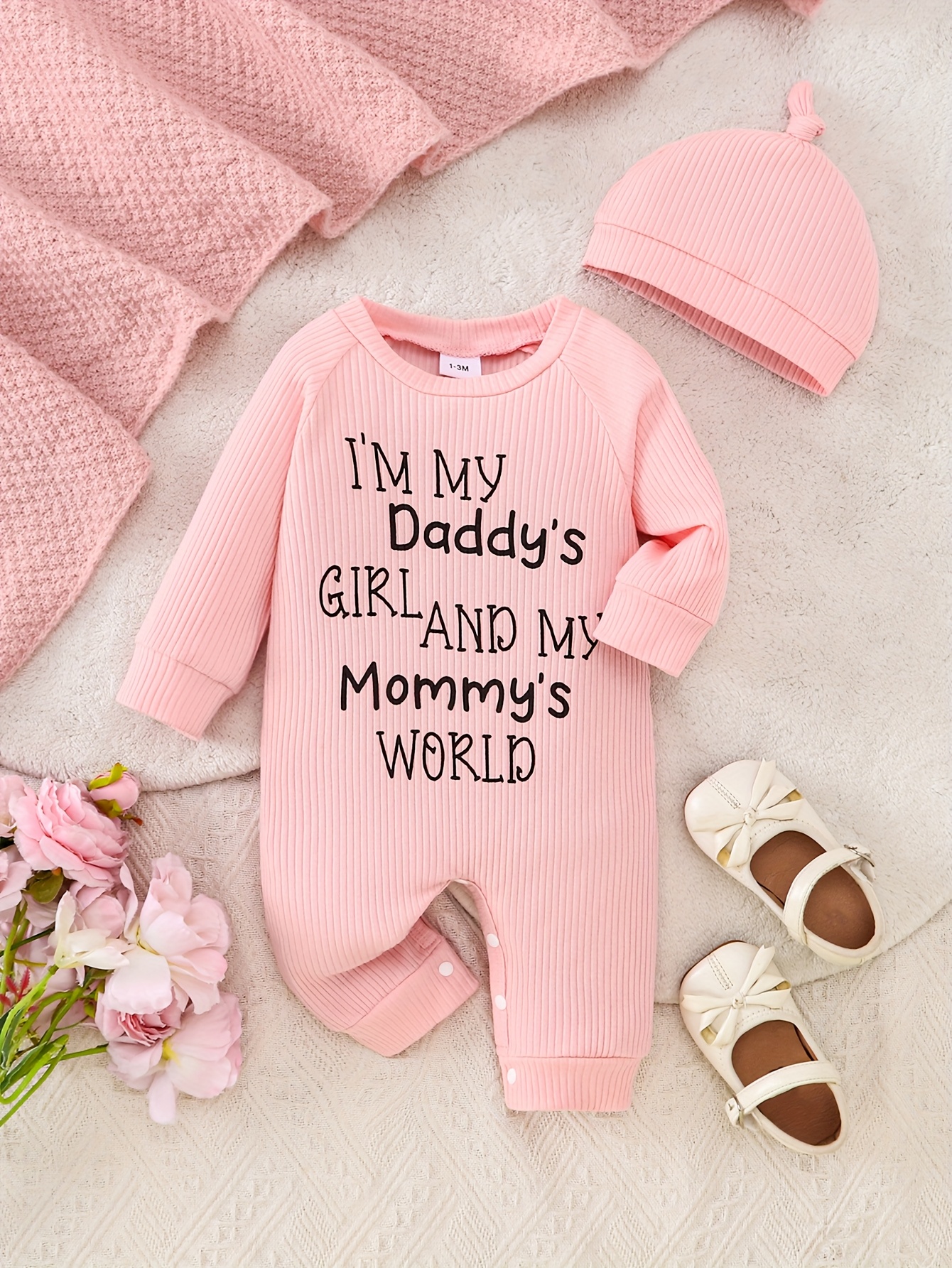 2pcs Girls' Letter Print Round Neck Ribbed Bodysuit and Hat Casual Set, Perfect for Outdoor