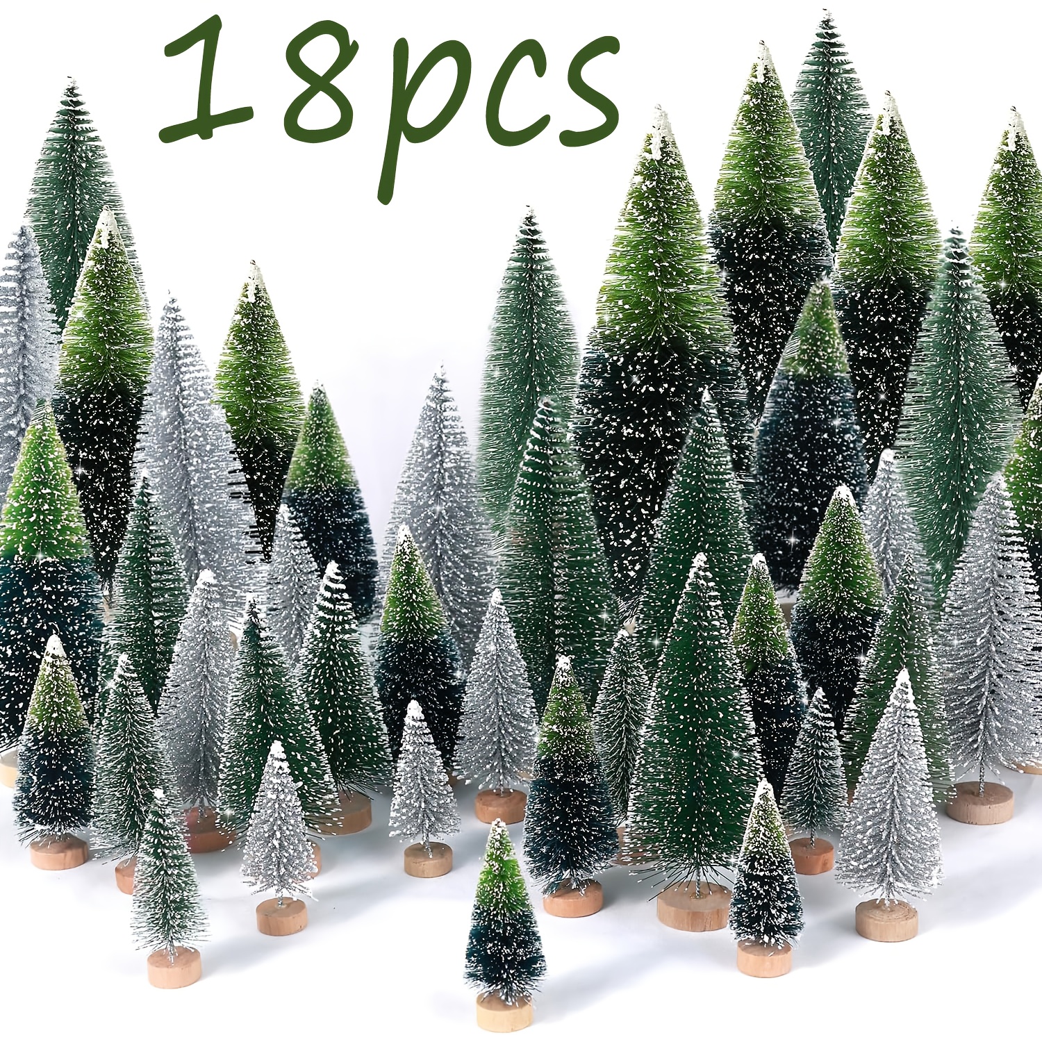 Image of 9/18pcs Mini Christmas Tree, Christmas Decorations, Artificial Christmas Tree With Wooden Base For Christmas Party Home Table , Non-electric, Dark Green + Silvery