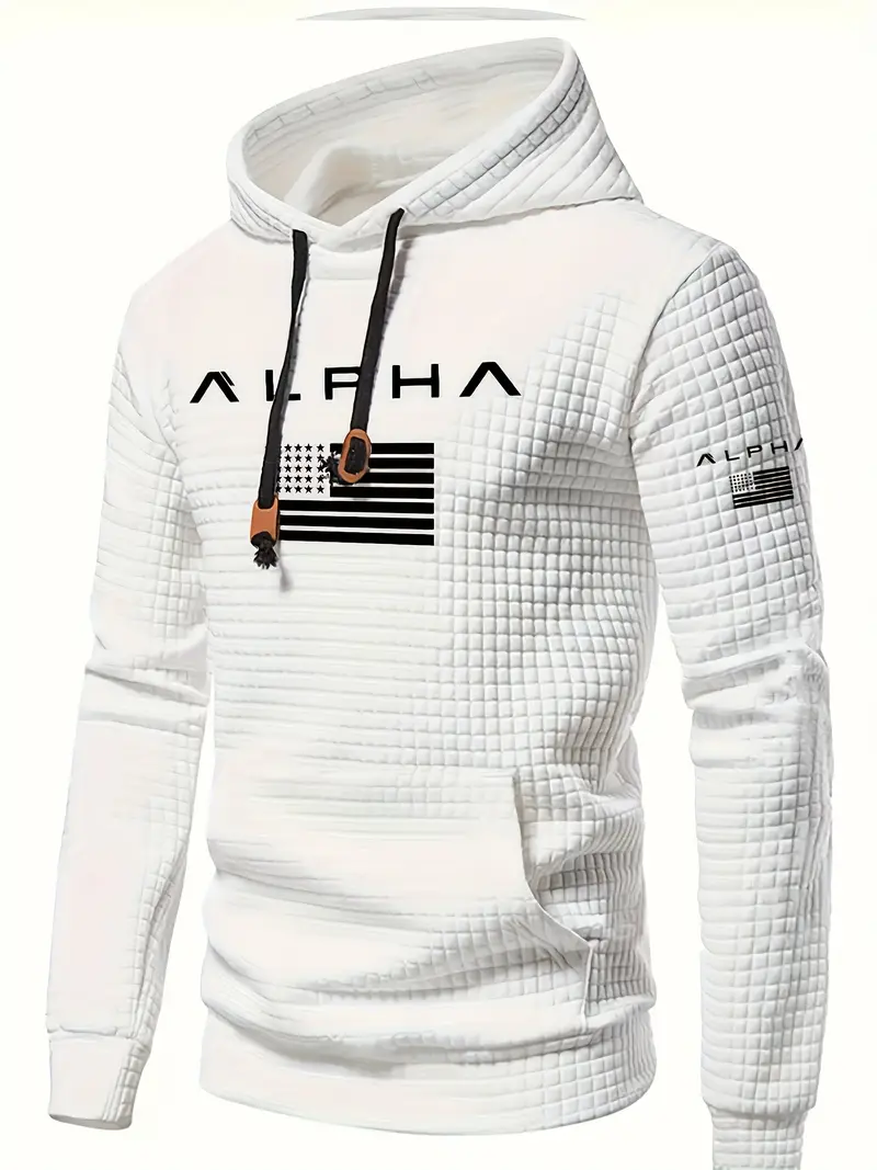 White Men's White Hooded Sweatshirt with Greek Alpha Lettering & American Flag Print