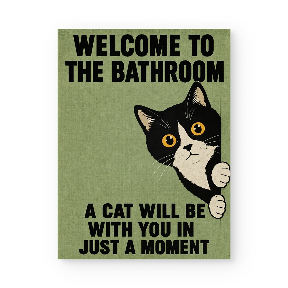 TEMU 2d Flat, Posters And Prints Unframed Canvas Wall Art Sage Green Peeking Tuxedo Cat Bathroom Canvas Print, Black "welcome To The Bathroom" Slogan