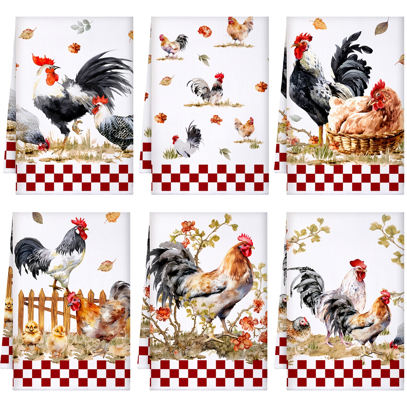 TEMU 6pcs Kitchen Towels Dish Cloths Nature Modern Absorbent Hand Tea Wash Cloth With Hanging Loop For Bathroom Home Farmhouse Kitchen Gifts(cute, Chicken)