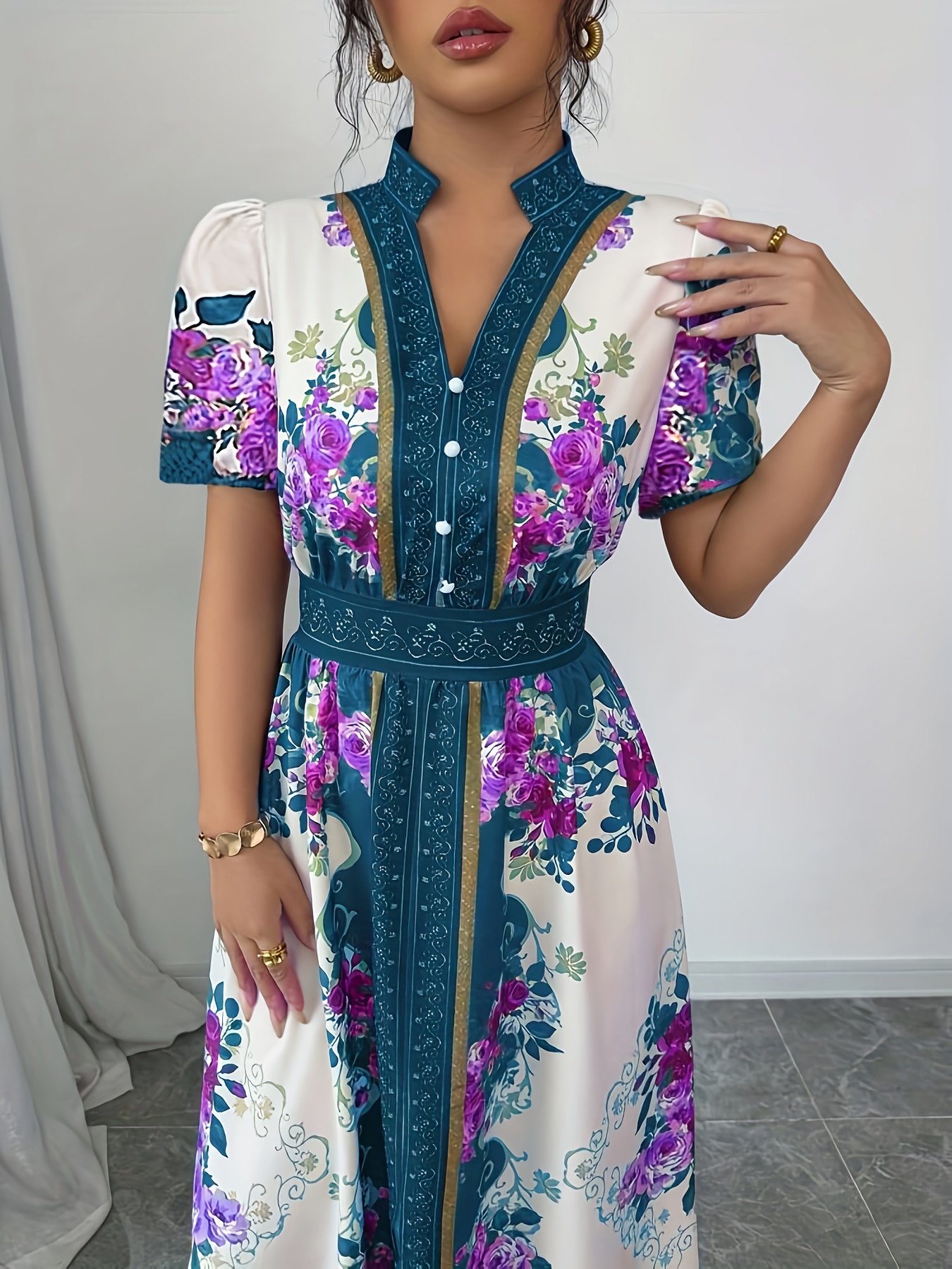 womens floral print elegant a line dress with stand up collar puff short sleeves machine washable summer long dress with side   regular fit for casual formal occasions cute dresses Product details 12