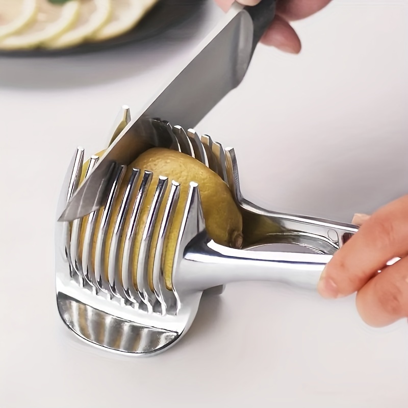 

1pc, Tomato Lemon Slicer Round Fruit Onion Slicer Knife Handle Guide Pliers Stainless Steel Kitchen Cutting Potato Lime Food Rack