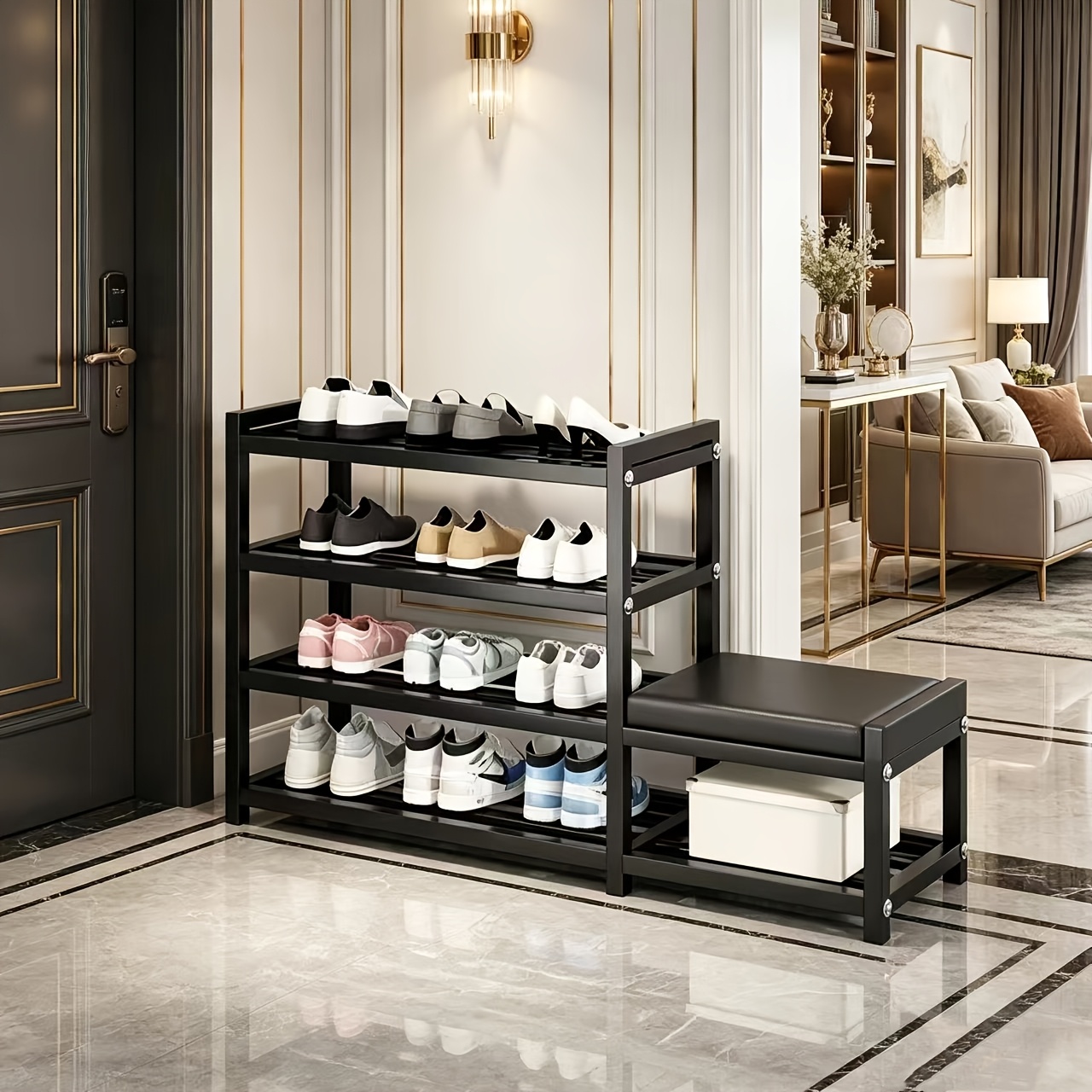 Shoe Storage Bench, 4-Tier Large Capacity Shoe Rack with Comfortable Seat, Industrial Shoe Organizer for Entryway, Black Metal Shoe Shelf Bench for Home Organization