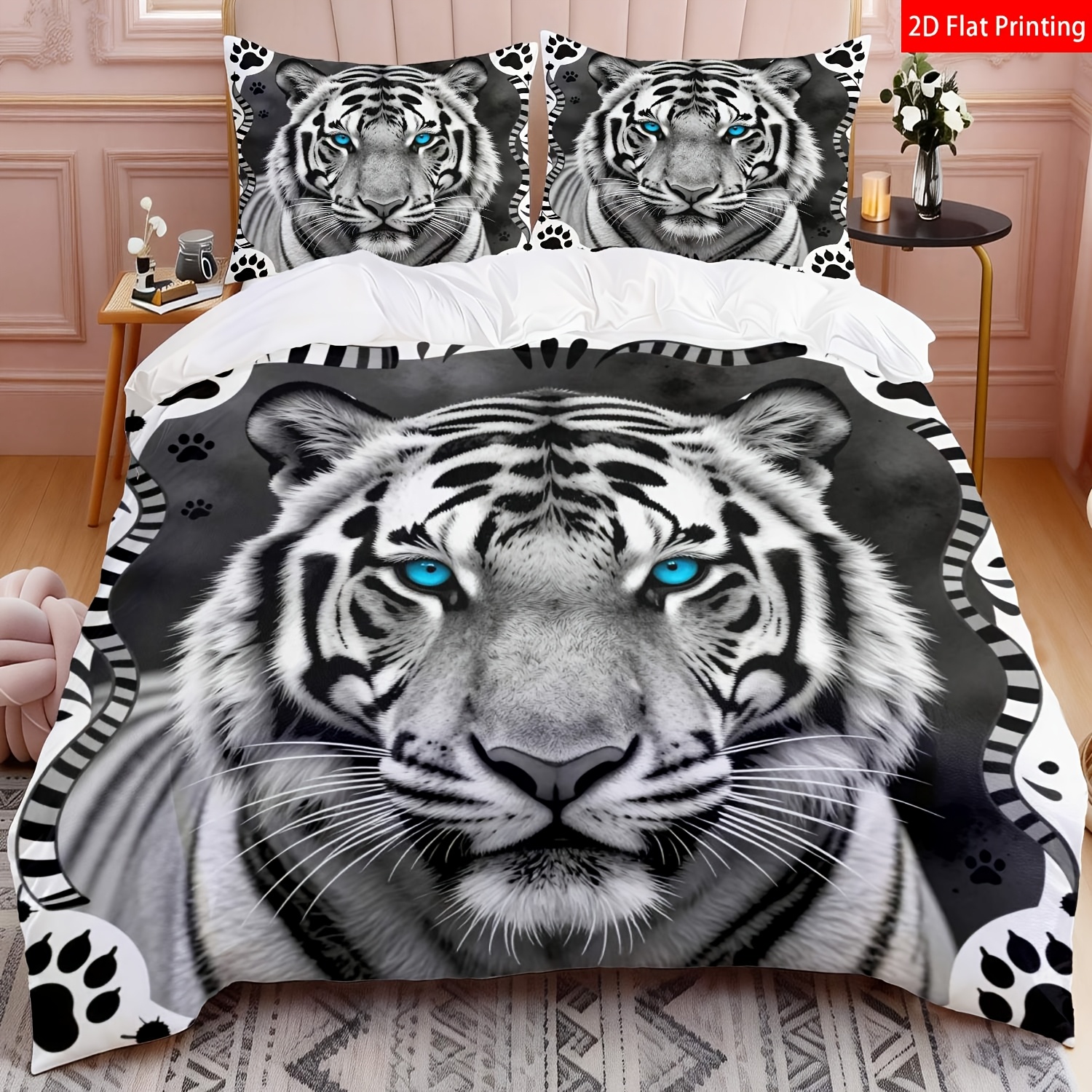 TEMU 2pcs/3pcs Modern Tiger Bedspread Suitable For Occasions - Black White Paw Print Quilt Cover With Pillowcases, Zipper Closure Bed Sheets For,