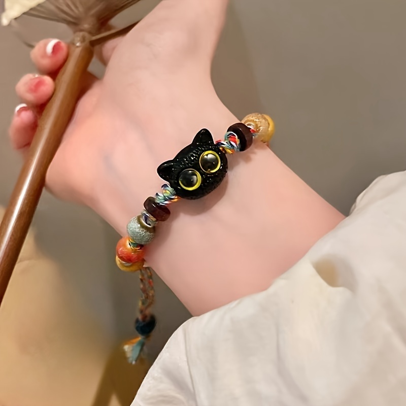 TEMU Colorful Braided Rope And Halloween Tassel Beaded Cat Charm Bracelet | Gothic Style Accessory, Suitable For All,