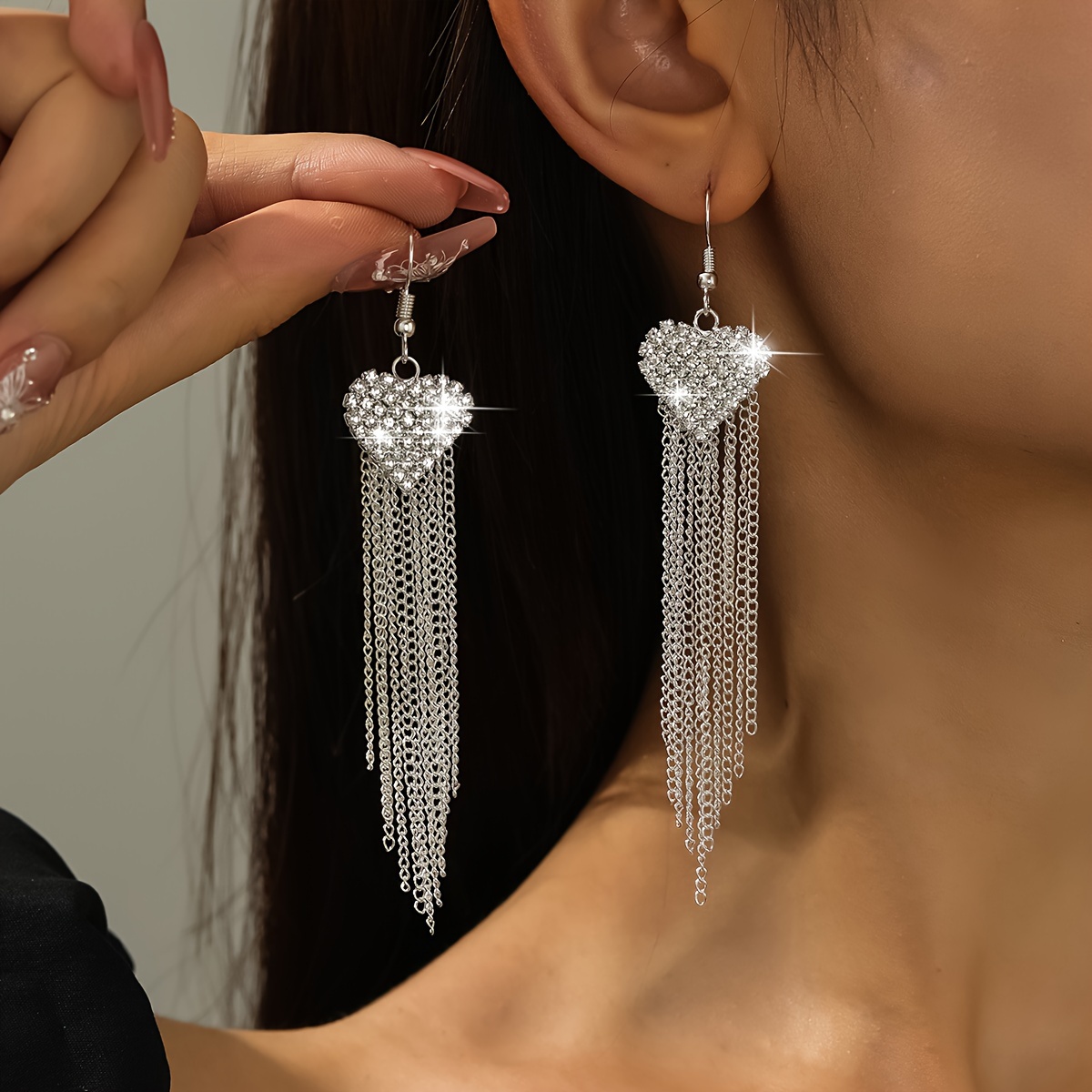 TEMU Elegantes Pendientes De Borla Con Doble Y Pedrería Brillante - Joyería Colgante De Cobre Lujosa Para Bodas Y Regalos