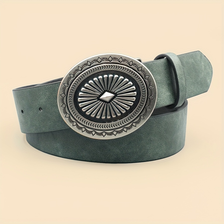 E-shop 3,8CM Breiter, glatter Retro-Design Schalenkopf Damen Gürtel, PU Künstlerisches Muster Hohle Geschnitzte Legierung Schnalle, Kann mit Jeans