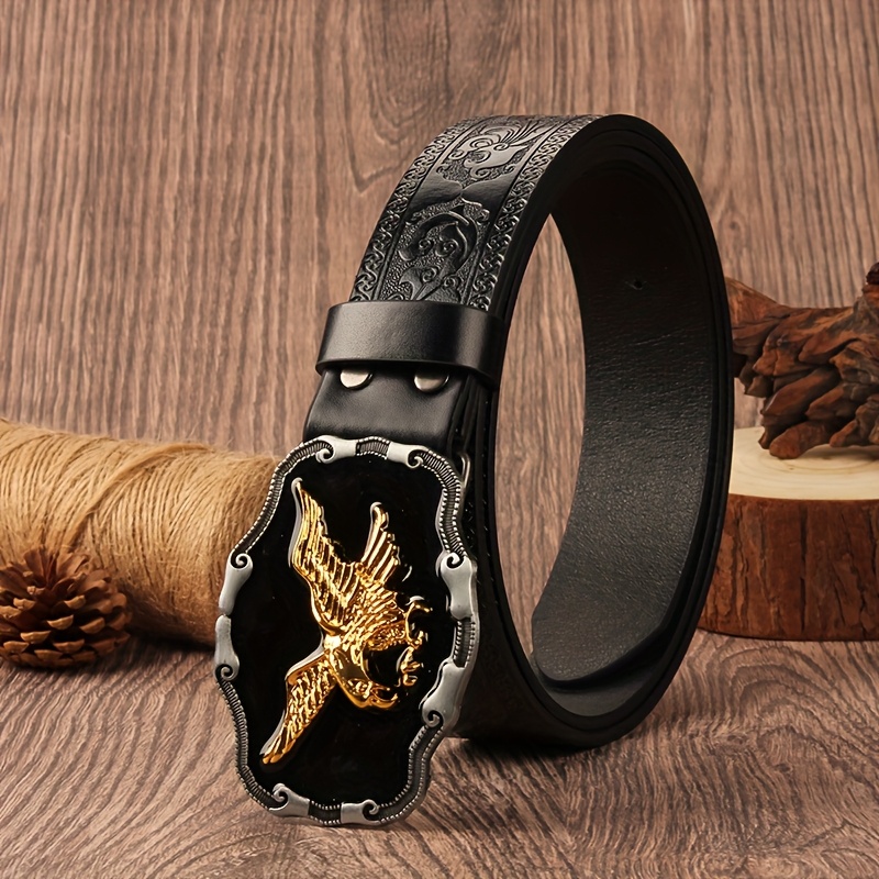 Black Faced Eagle 3.7cm Wide Men's And Women's Western Retro Style Belt Pu Floral Engraved Belt For Jeans