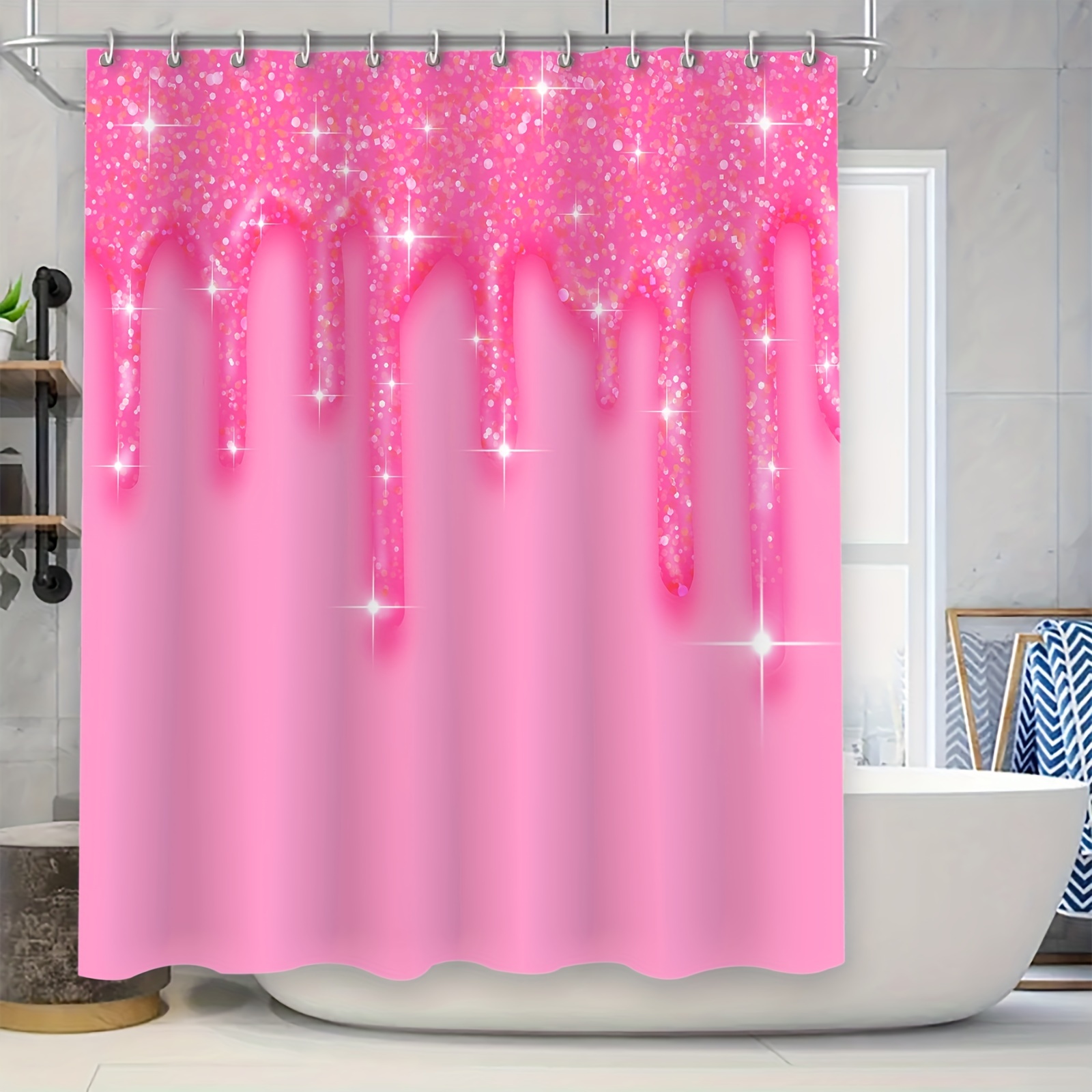 

Fashionable Pink Crystal Diamond Shower Curtain Set With 12 Hooks, Water-resistant Polyester Fabric, 70.8"x70.8", Machine Washable, Mold-resistant Bath Partition For Home Bathroom Decor